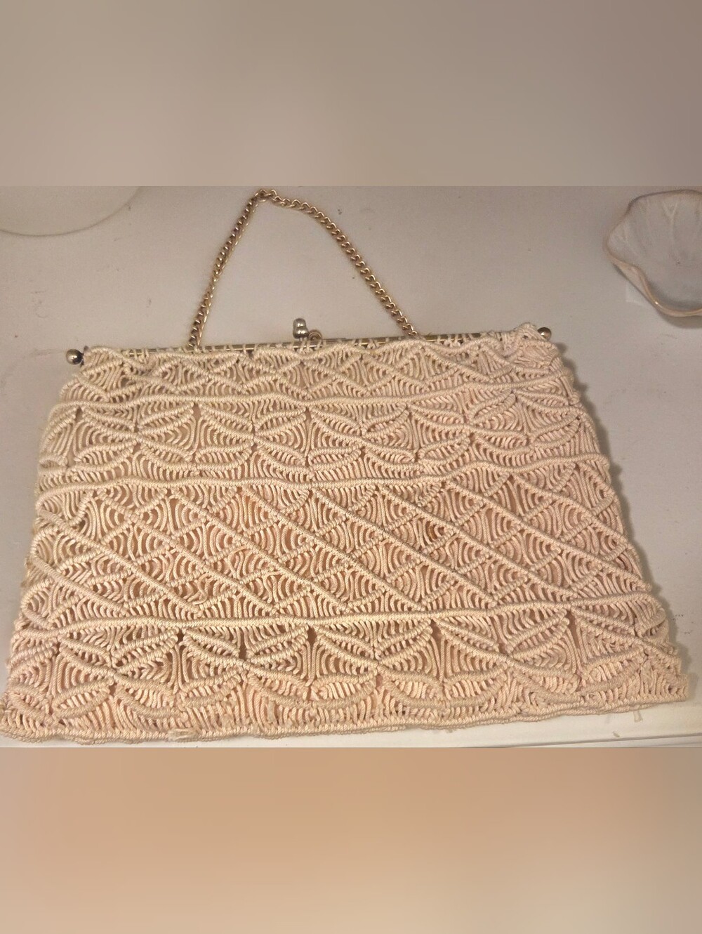 Vintage Macrame Handbag Ivory Crochet Gold Chain Kiss Lock Evening Purse